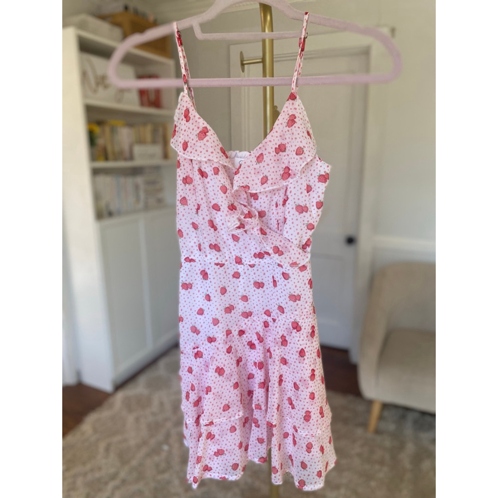 Jopn Strawberry Ruffle Mini Dress Coquette Dainty Feminine Romantic Quiet Luxury - Picture 2 of 6